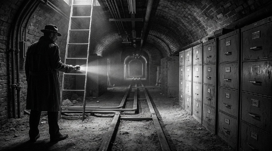 Basement arched brick corridor crisscrossed with heavy copper busbars as thick as a man’s wrist that stretches fifty yards into the sub-stratum with rows of gray steel filing cabinets that stand seven feet high, their drawer faces stamped with dates from nineteen-seventy-eight to nineteen-eighty-four.