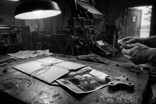 a sharp, 100% black and white photograph featuring the cluttered composing stone, the photo of Uncle Frank with the Kenosha Machine & Tool patch, and the ethereal natural world visible through the open doorway.