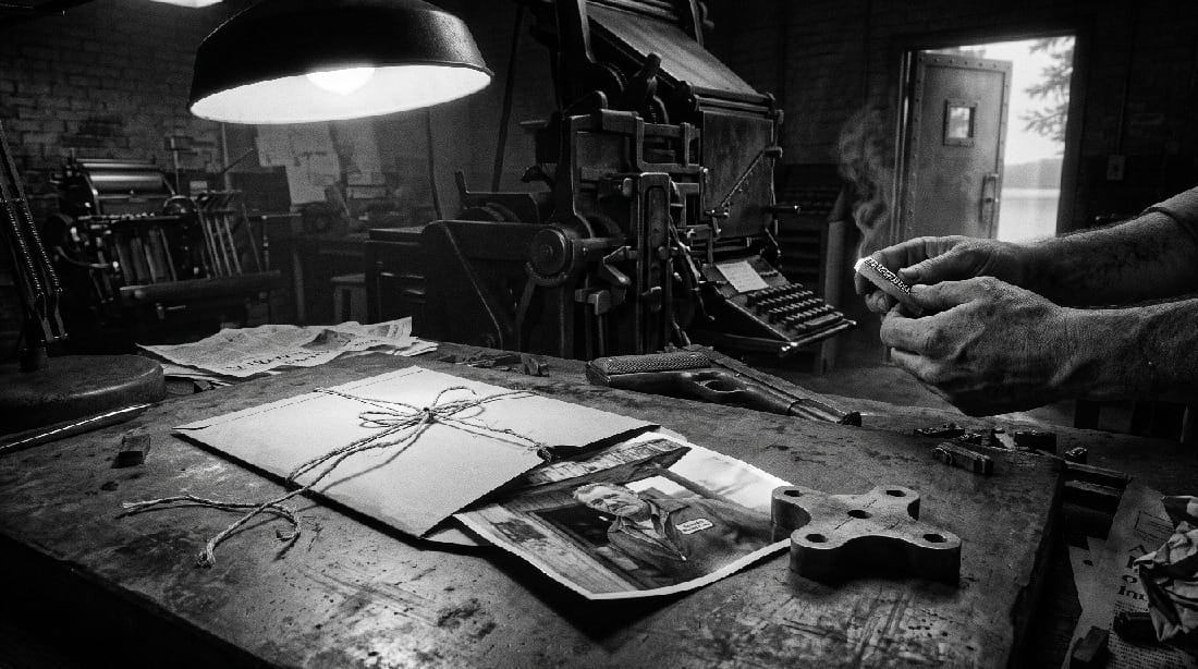 a sharp, 100% black and white photograph featuring the cluttered composing stone, the photo of Uncle Frank with the Kenosha Machine & Tool patch, and the ethereal natural world visible through the open doorway.