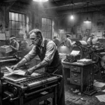 Noir. Black and white. A publisher operates and old fashion linotype news paper print shop.
