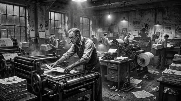 Noir. Black and white. A publisher operates and old fashion linotype news paper print shop.