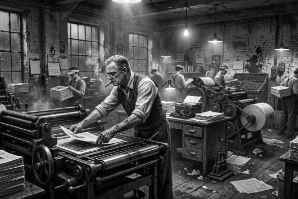 Noir. Black and white. A publisher operates and old fashion linotype news paper print shop.