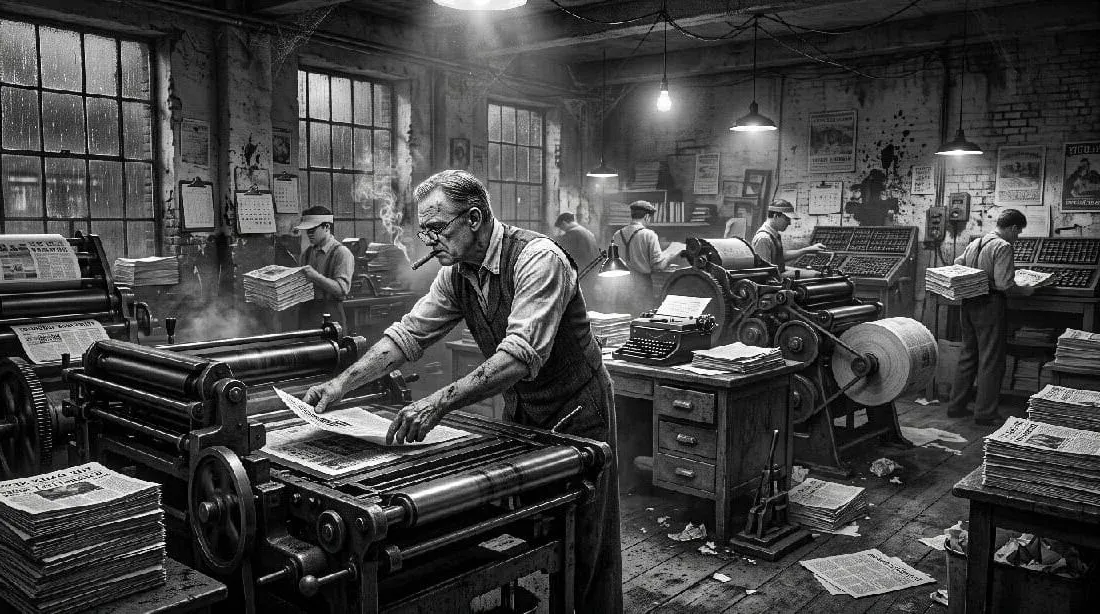 Noir. Black and white. A publisher operates and old fashion linotype news paper print shop.