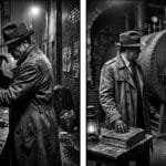 Noir. Black and white. A 2 panel image. In the left panel, a noir detective is breaking the padlock off of an iron door in a dim dirty alleyway with a hammer and chisel. In the right panel, the detective is in a large stone basement. An old engineer denim overalls and a flannel shirt, stands at the open door of an un-fired boiler that is the size of a fright car. The detective has his hand on an old, tattered, thick, ledger book that sits on a small table.