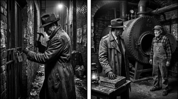 Noir. Black and white. A 2 panel image. In the left panel, a noir detective is breaking the padlock off of an iron door in a dim dirty alleyway with a hammer and chisel. In the right panel, the detective is in a large stone basement. An old engineer denim overalls and a flannel shirt, stands at the open door of an un-fired boiler that is the size of a fright car. The detective has his hand on an old, tattered, thick, ledger book that sits on a small table.