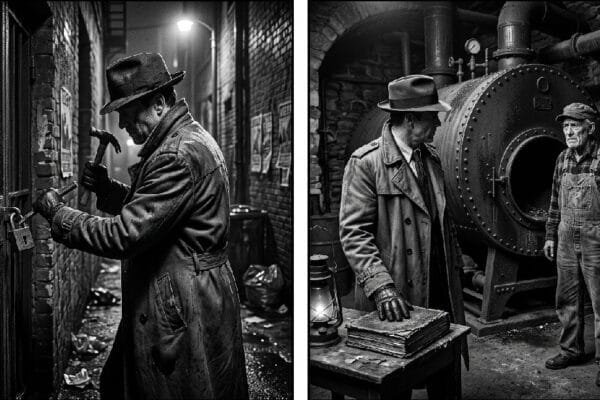 Noir. Black and white. A 2 panel image. In the left panel, a noir detective is breaking the padlock off of an iron door in a dim dirty alleyway with a hammer and chisel. In the right panel, the detective is in a large stone basement. An old engineer denim overalls and a flannel shirt, stands at the open door of an un-fired boiler that is the size of a fright car. The detective has his hand on an old, tattered, thick, ledger book that sits on a small table.