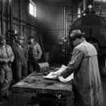 Noir. Black and white. Factory men with timecards standing along the wall of a boiler room in groups of three and four near a time clock as a detective spreads open a newspaper on a rusted steel table.
