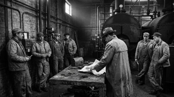 Noir. Black and white. Factory men with timecards standing along the wall of a boiler room in groups of three and four near a time clock as a detective spreads open a newspaper on a rusted steel table.